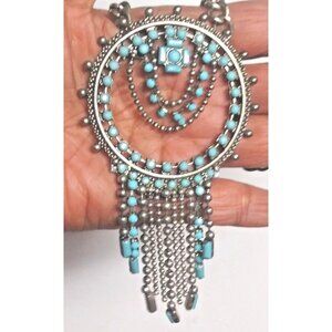 Steve Madden Necklace Tribal Boho Ethnic Turquoise silver tone fringe tassel VTG